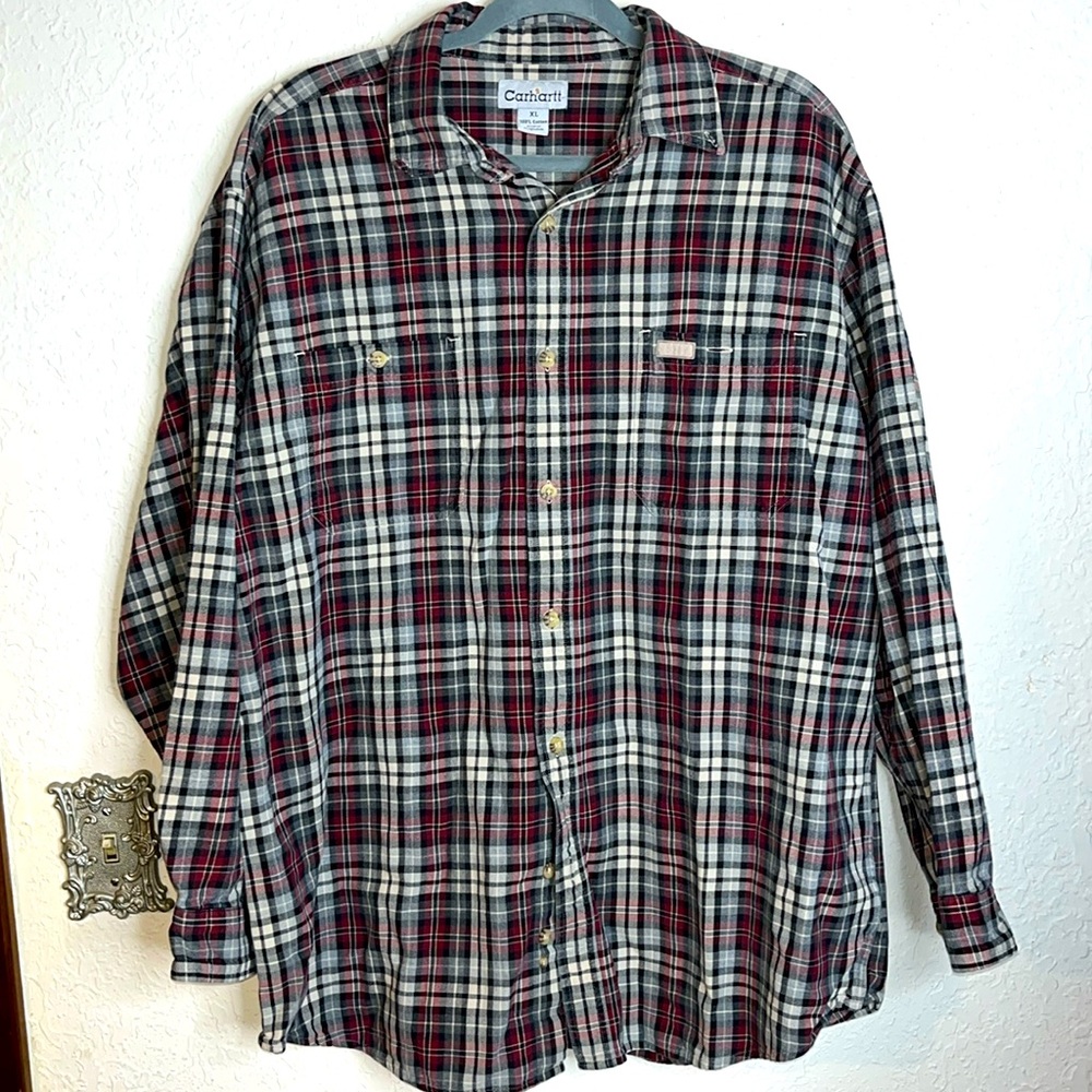 Carhartt Shirt Men’s XL Red Blue Plaid Rugged Weighty Flannel Button Up Work